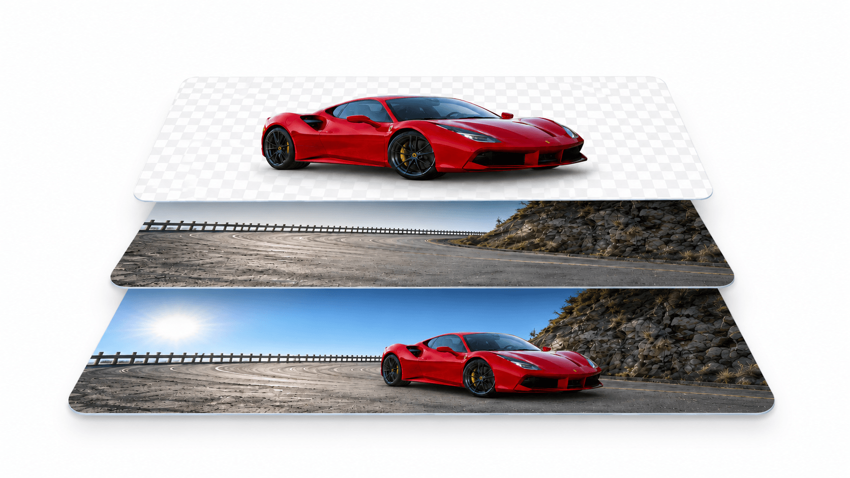 Car, road and original image separated into editable layers
